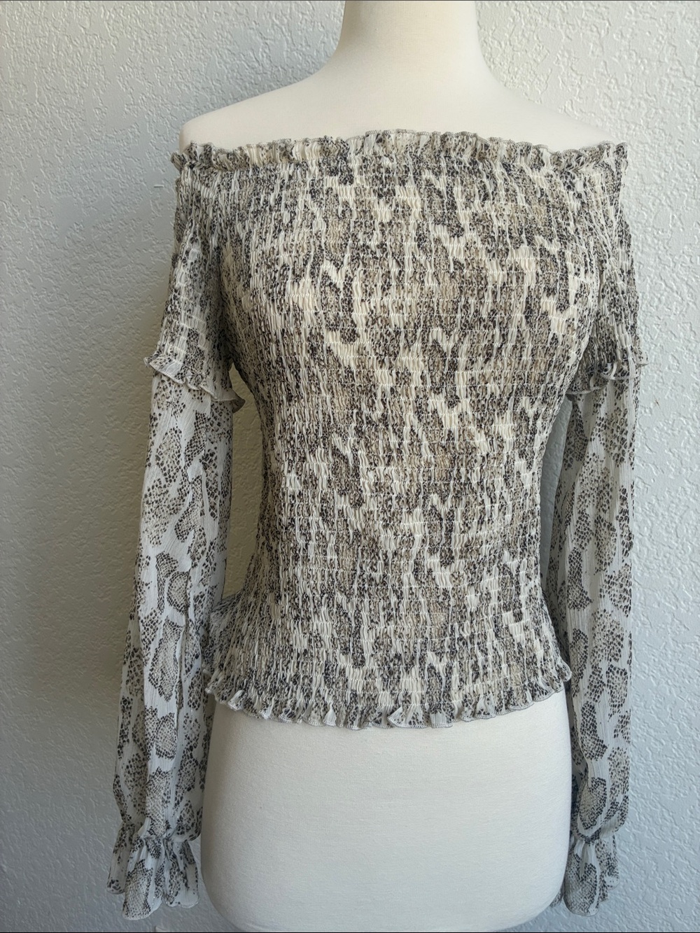 Lucy Paris Off-Shoulder Smocked Blouse in Taupe and Cream Animal Print